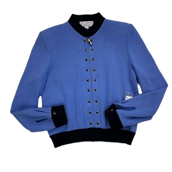 St. John Zip Up Embellished Cardigan Topaz